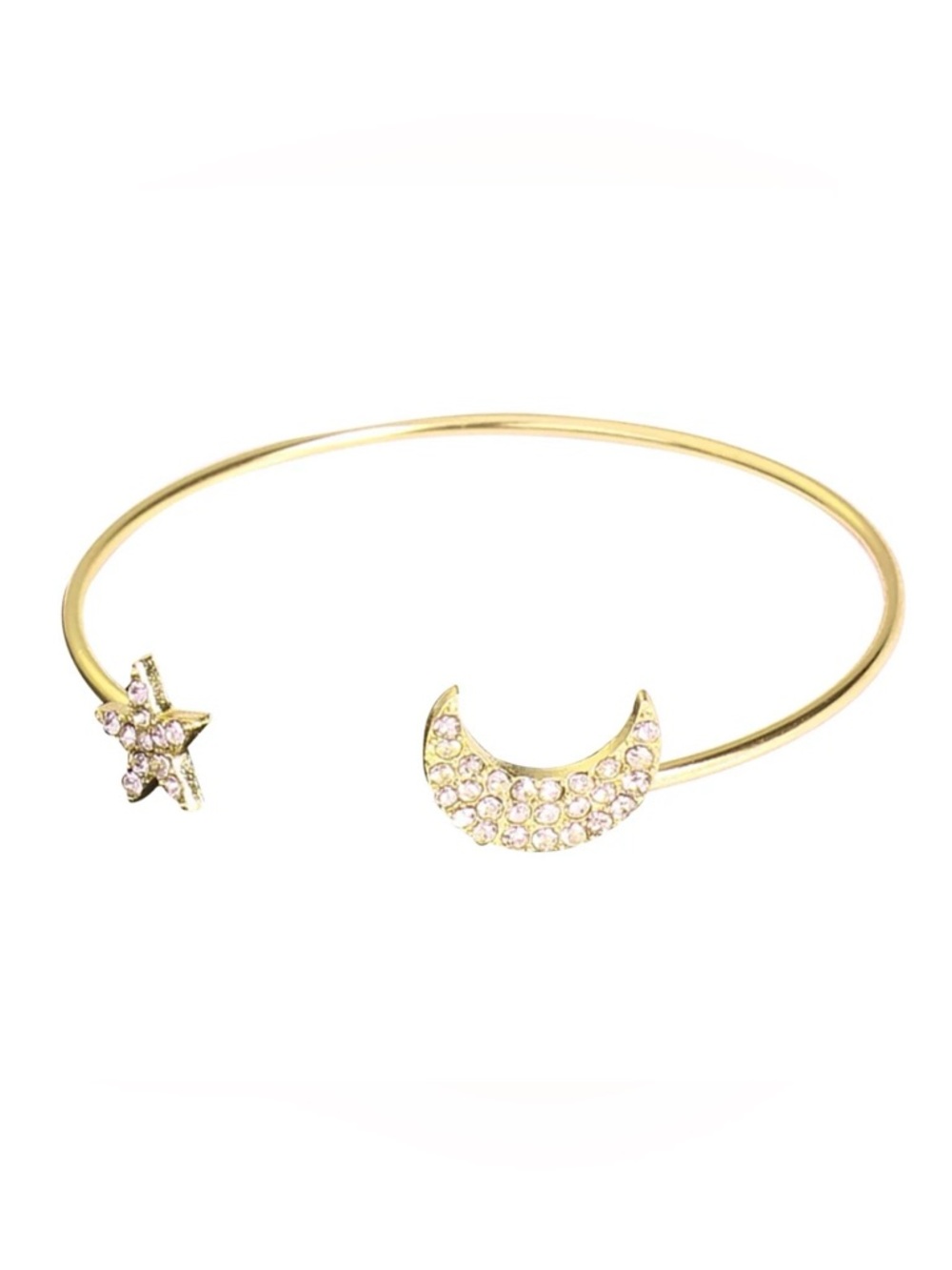 Gold tone Moon & Star Open Bangle Bracelet with Crystals